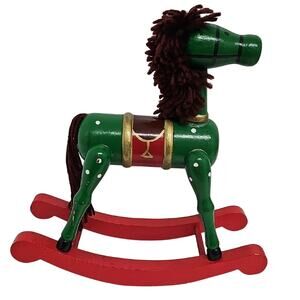 Vintage Classic Green and Red Wooden Rocking Horse w/Yarn Mane Christmas Decor